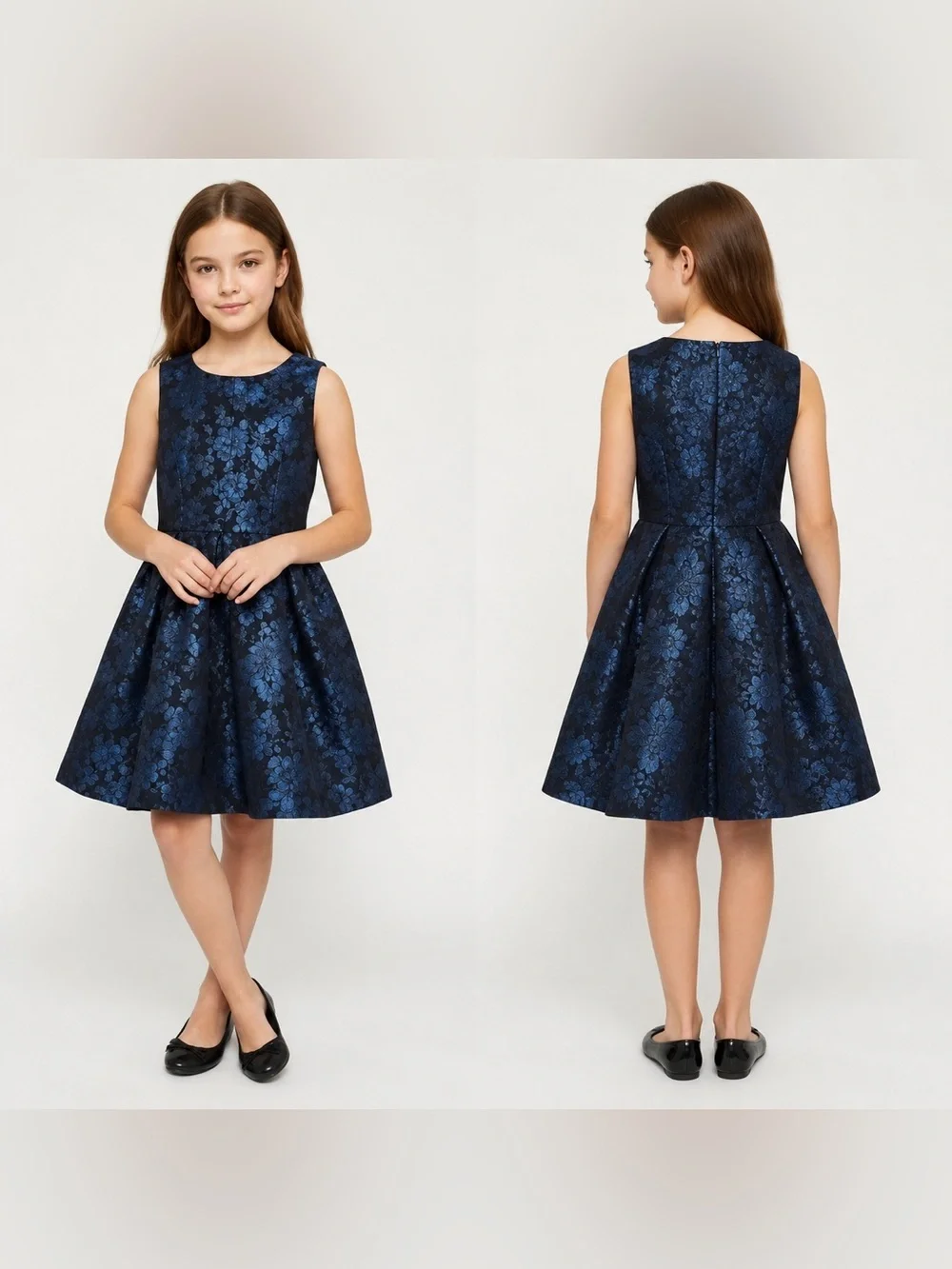 The Children’s Place Girls Blue Black Metallic Floral Dress 6 Formal Sleeveless